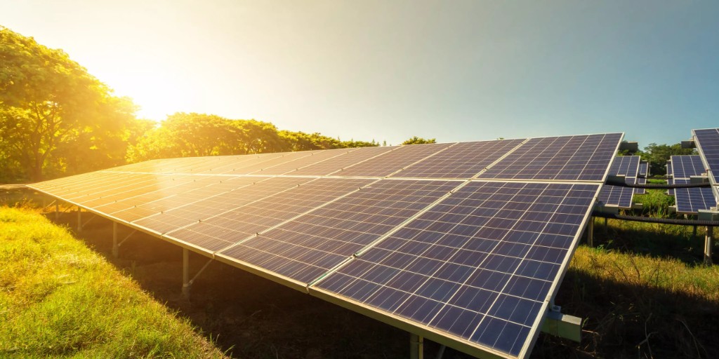 Solar farm installation at golden hour