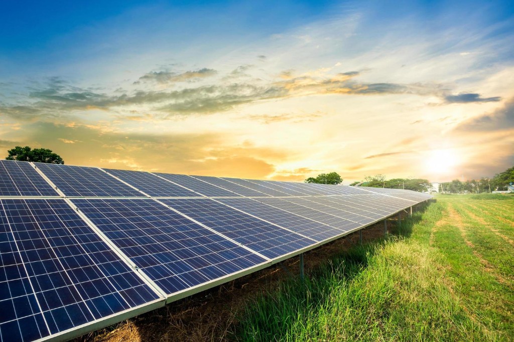 Solar farm at sunset